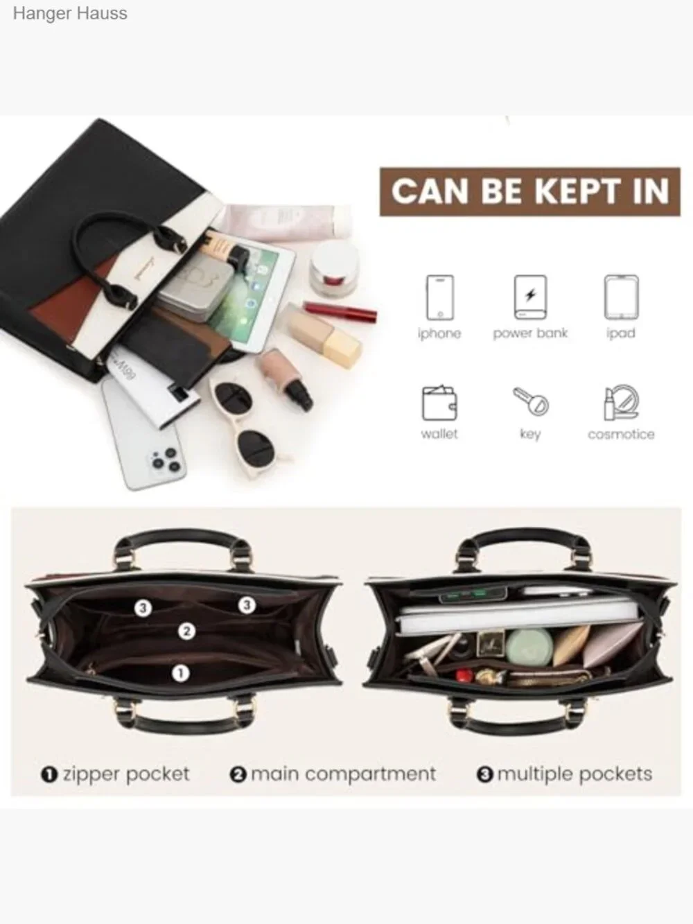 Pu Leather Satchel Handbag Tote Shoulder Crossbody Zipper Closure 6 Pockets